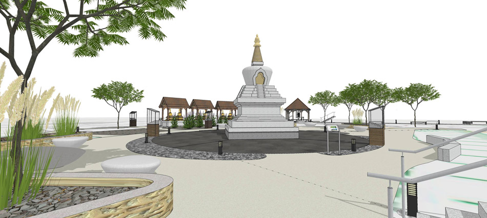 3D mockup of the eight stupas, prayer wheel and light offering shelters in situ.