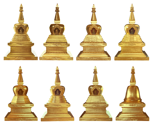 Les huit stoupas : huit étapes de la vie du bouddha Shakyamuni